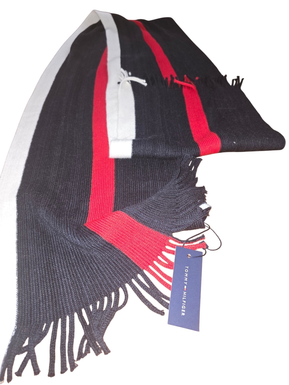 Tommy Hilfiger Black Red White Striped Fringed Knit Scarf